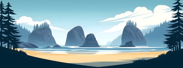 The flat illustration of the ocean, beach, and mountains in the style of Pacific Northwest style features a graphic design poster
