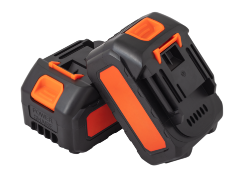 Two lithium batteries for a screwdriver, drill and impact wrench. Black battery with orange decorative inserts. Isolated object on transparent background