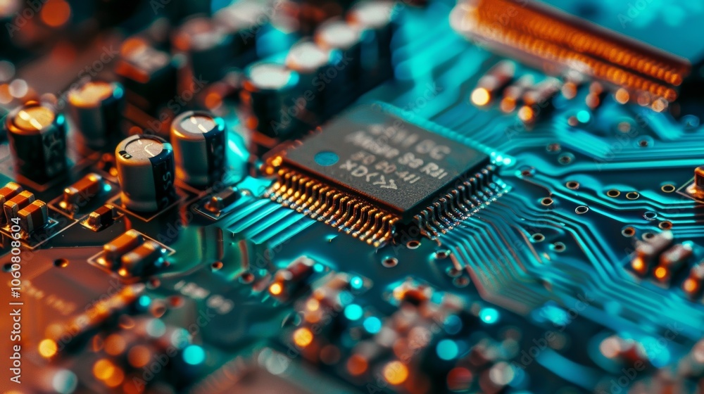 Poster macro shot of a modern printed circuit board showing integrated circuits and capacitors, glowing in 