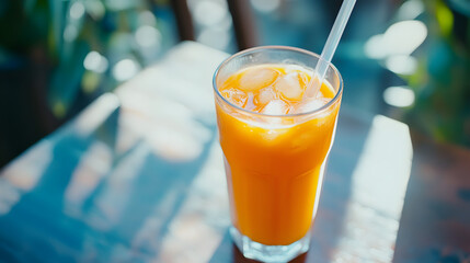 A glass of orange juice with ice cubes and a straw, set outdoors with a sunlit background, capturing a refreshing vibe