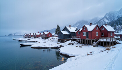 Snowy coastal cabins reflecting in calm waters of a fjord during winter