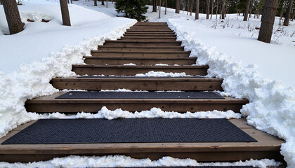 Snow-covered wooden stairs leading through a winter forest landscape
