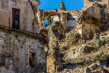 Abandoned ruins of the ghost town of Craco. A city abandoned due to an earthquake in the late 20th century. Province of Matera, Basilicata, Italy