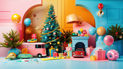 vibrant Christmas scene featuring beautifully decorated tree surrounded by colorful toys, balloons, and festive decorations. playful atmosphere evokes joy and celebration