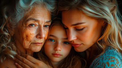 Obraz premium Three Generations of Love: Grandmother, Mother, and Daughter in a Heartfelt Embrace