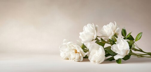 A delicate arrangement of white peonies with lush green leaves set against a soft, neutral background, perfect for floral design and decor.