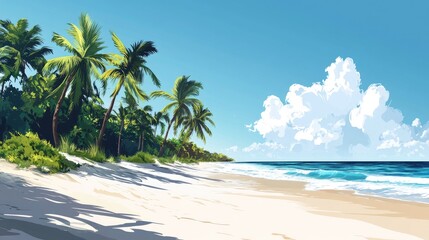 Obraz premium Palm-lined beach with white sand and gentle waves, ideal for travel or tropical vacation banners.