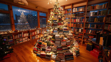 Naklejka premium creative Christmas tree made entirely of books, beautifully decorated with lights, stands in cozy library filled with shelves of books. warm ambiance evokes festive spirit