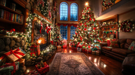 Fototapeta premium cozy living room decorated for Christmas features beautifully adorned tree surrounded by wrapped presents, warm fireplace, and festive lights, creating joyful atmosphere