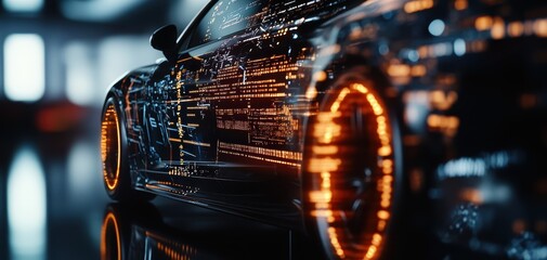 Futuristic car design featuring digital elements and glowing components, representing innovation and modern automotive technology.