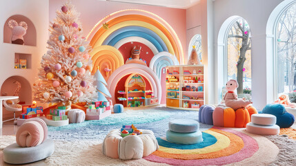 whimsical playroom featuring colorful rainbow backdrop, beautifully decorated Christmas tree, and plush seating. vibrant decor creates joyful atmosphere for children