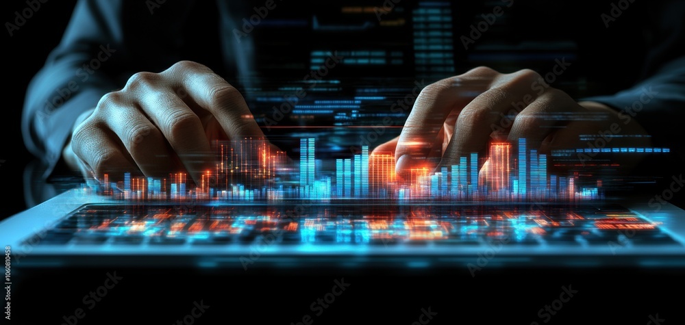 Poster Close-up of hands typing on a digital tablet with abstract data visualization and graphs in a futuristic design, focused on technology and analytics.