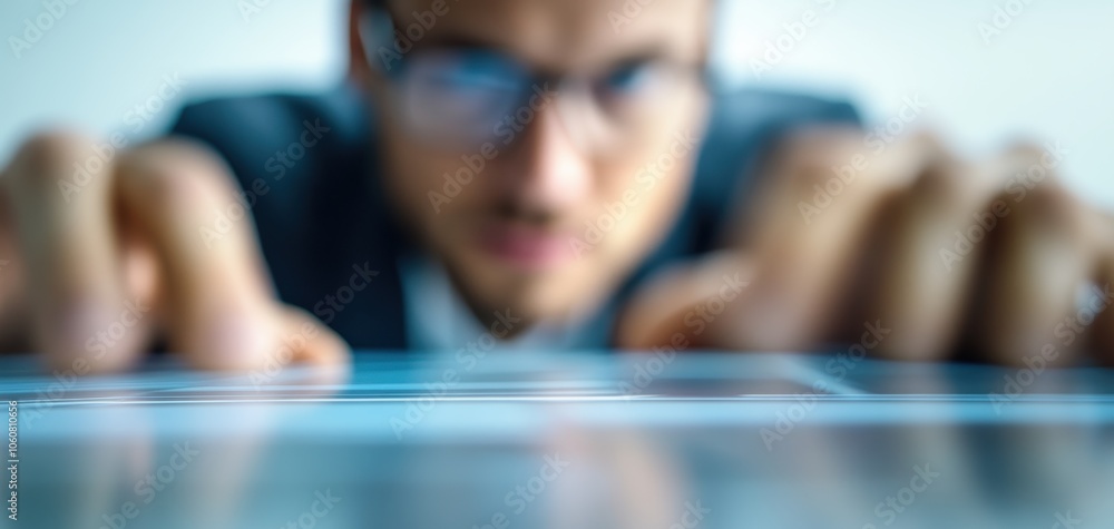 Aufkleber close-up of a focused businessperson analyzing data on a digital tablet, showcasing concentration an