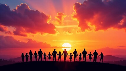 Silhouetted Group Against Dramatic Sunset Sky