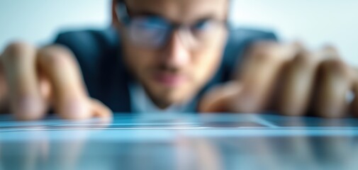 Close-up of a focused businessperson analyzing data on a digital tablet, showcasing concentration and professionalism in a modern office environment.