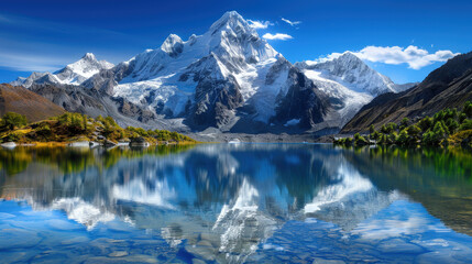 Fototapeta premium Majestic snowy mountains reflect beautifully in serene frozen lake, surrounded by lush greenery and clear blue sky, creating tranquil and breathtaking landscape