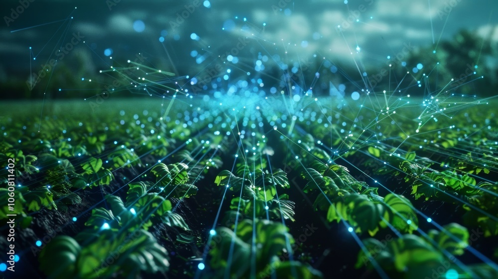 Poster futuristic digital lines connecting over crops growing in rows symbolize smart agriculture and preci
