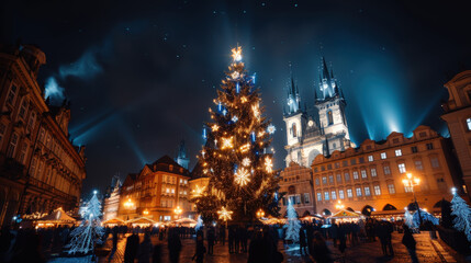 Fototapeta premium stunning giant Christmas tree adorned with bright lights stands majestically in bustling city square, surrounded by festive decorations and joyful crowds. atmosphere is magical, with illuminated