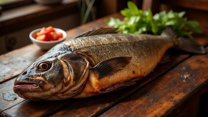 Grilled fish on a wooden board, decorated with fresh herbs, creates a delicious and appetizing dish