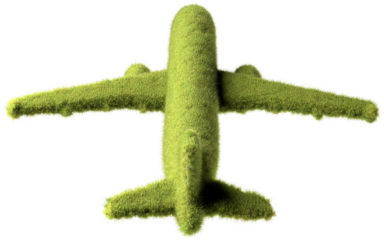 A green passenger aircraft covered with grass. Concept for zero emission or low emission travelling with airplanes, carbon neutrality. Transparent background