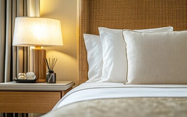Beige linen bed with a wicker headboard, accompanied by a nightstand and a lamp in a luxurious bedroom interior