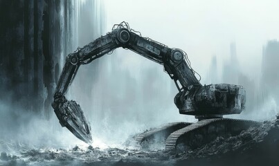 Obraz premium A large, metallic machine operates in a hazy landscape.