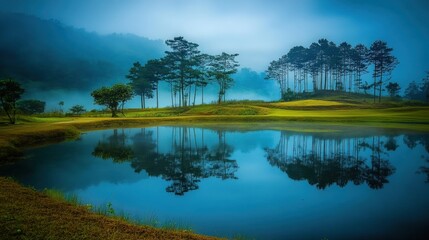Fototapeta premium Tranquil Reflections: A Serene Landscape Mirrored in the Stillness