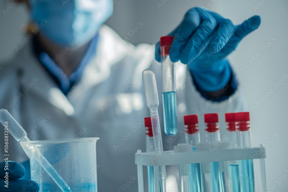 Aufkleber A dedicated scientist is meticulously conducting an experiment using various test tubes in a wellequipped laboratory setting, showcasing the process of scientific inquiry and discovery in action