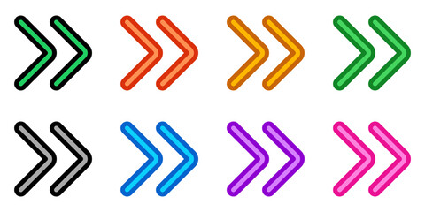 Vector double arrow chevron right icon. Black, white background. Perfect for app and web interfaces, infographics, presentations, marketing, etc.