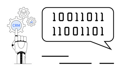 Robotic hand interacting with CRM gear, binary code in speech bubble. Cogs with icons representing automation, analytics. Ideal for CRM software, tech innovation, AI, data processing, automation