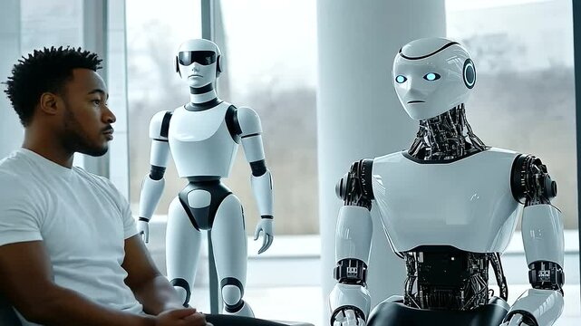 A man sitting next to an AI robot in a modern office, both waiting for their job AL interviews AI
