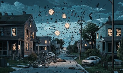 Shattered windows, damaged cars, eerie nighttime scene.