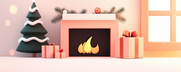 Cozy winter fireplace with holiday decor, warm glow, and snowy window view, festive ambiance, 3D illustration, isolated on white background