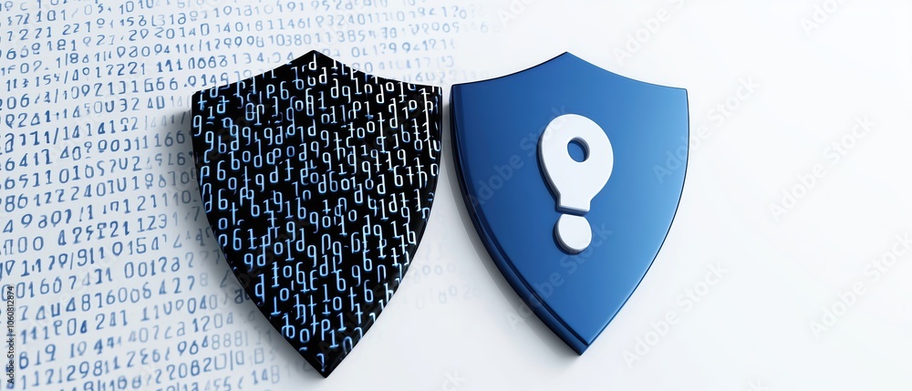 Poster cybersecurity concept, digital shield and binary code, 3d illustration, isolated on white background