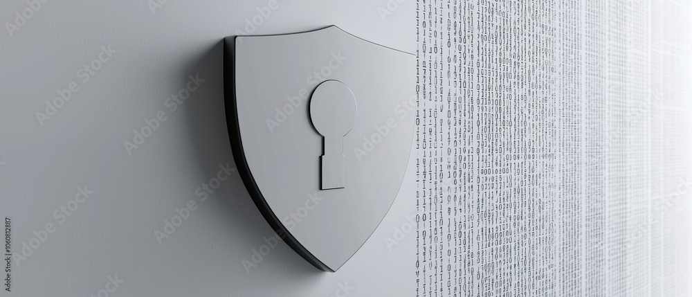Poster cybersecurity concept, digital shield and binary code, 3d illustration, isolated on white background