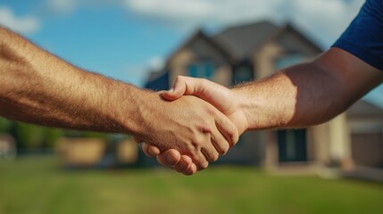 Two individuals shake hands to seal a deal in front of a new home