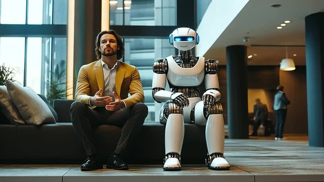 A>L A professional man and an advanced AI robot sitting side by side in a corporate office lobby, both candidates waiting for their job interviews. The atmosphere is tense, highlightin AI