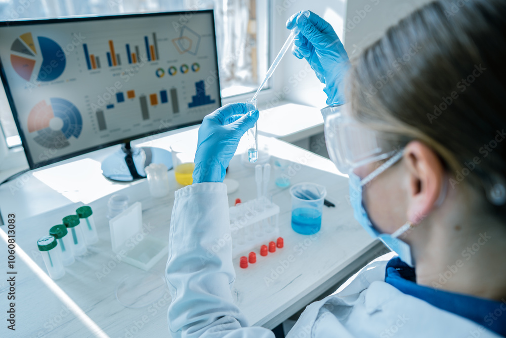 Aufkleber A dedicated scientist conducts important lab research, using a pipette and analyzing data to advance knowledge and foster innovations that improve lives and enhance our understanding