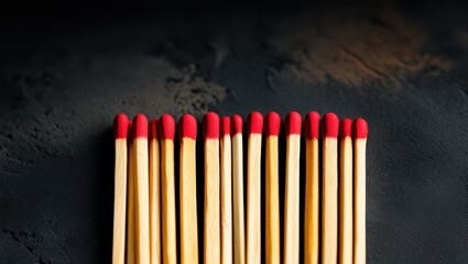 Obraz premium matches, red tips, wooden sticks, aligned, organized, dark background, macro photography, symmetry, repetition, fire hazard, flammable objects, striking surface, close-up, panoramic composition, minim