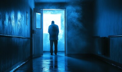 Man in dark hallway looks out open door.