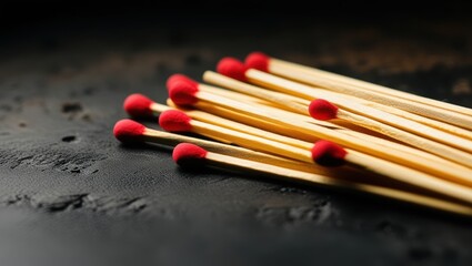 matches, red tips, wooden sticks, aligned, organized, dark background, macro photography, symmetry, repetition, fire hazard, flammable objects, striking surface, close-up, panoramic composition, minim