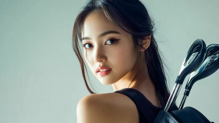 A young woman with a confident expression glances back over her shoulder, carrying a set of golf clubs, capturing a poised athletic look. - Powered by Adobe
