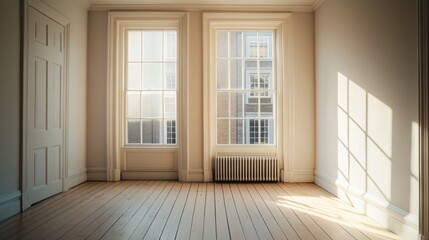 Obraz premium Empty room with two large windows, sunlight streaming through, hardwood floor, and white walls.