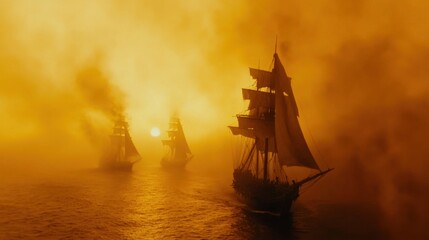Fototapeta premium Ghostly Fleet of Pirate Ships Sailing Through the Mist