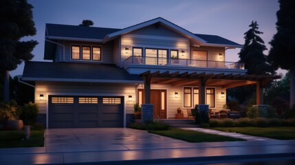 Stunning modern home exterior at twilight illuminates curb appeal