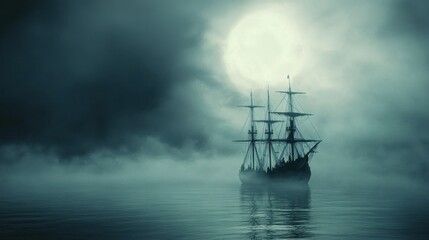 Fototapeta premium Ghostly Galleon: A Haunting Seascape in Misty Monochrome
