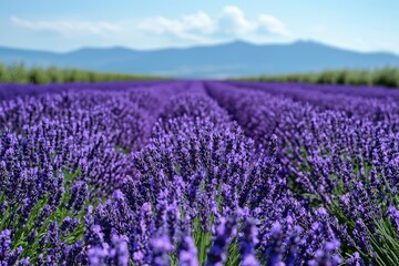 Naklejka premium A Field of Lavender Blossoms in Full Bloom with Mountains in the Distance