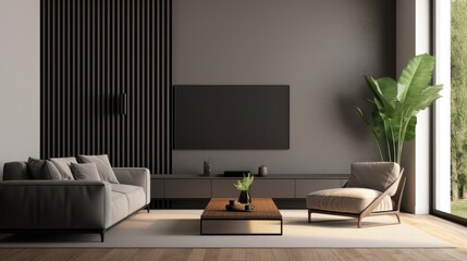 Create a modern living room design with minimalist furniture and natural elements
