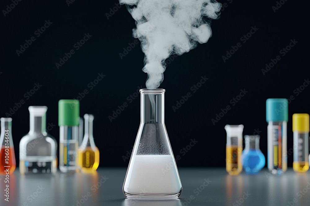 Poster laboratory flask emitting smoke with colorful test tubes in background