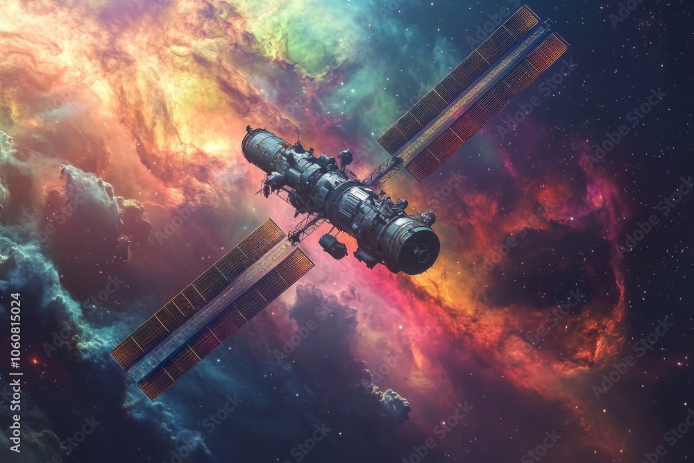 Poster space station floating in colorful nebula with solar panels deploying
